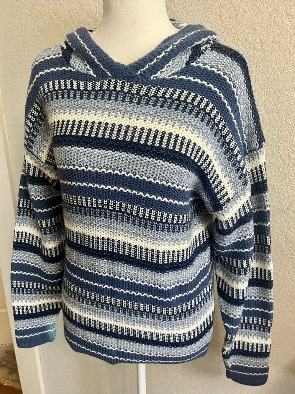 Vintage 90s Honors Striped Knit Hooded Sweater Blue Grey Cream Men's XL Unisex
